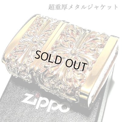 画像2: ZIPPO ライター メタルジャケット 超重厚 ダブルクロス ゴールド ジッポ 4面加工 彫刻デザイン 金 メンズ アクセサリー ゴールドポリッシュ かっこいい 十字架 ギフト プレゼント