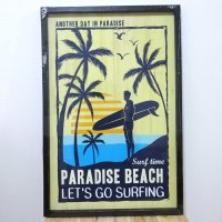 木製看板 おしゃれ Paradise Beach ビーチ サーファー ヤシの木 ウッドボード サーフィン ガレージ リビング 壁掛け 可愛い カフェ かわいい 店舗 飾り レトロ看板