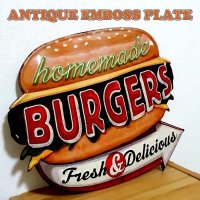 ブリキ看板 ハンバーガー アンティーク かわいい BURGERS アメリカン ビンテージ 壁掛け プレート 壁飾り 雑貨 大きい インテリア 可愛い サーファー カフェ 店舗