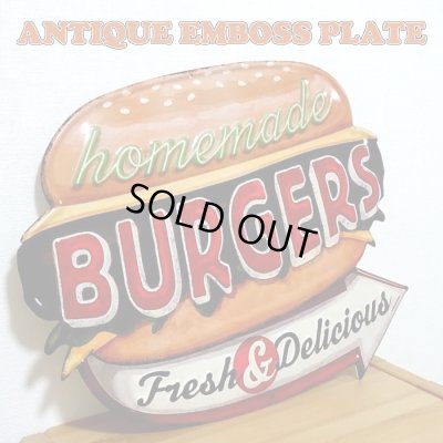 画像1: ブリキ看板 ハンバーガー アンティーク かわいい BURGERS アメリカン ビンテージ 壁掛け プレート 壁飾り 雑貨 大きい インテリア 可愛い サーファー カフェ 店舗