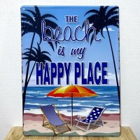 ブリキ看板 ビンテージ HAPPY PLACE Beach ビーチ 海 アンティーク ガレージ プレート 壁飾り アメリカン 雑貨 インテリア おしゃれ 可愛い かわいい サーファー カフェ 店舗
