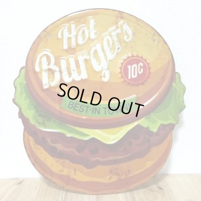 画像1: ブリキ看板 ハンバーガー 可愛い ビンテージ Hot Burgers アンティーク ガレージ プレート 壁飾り アメリカン 雑貨 インテリア おしゃれ かわいい サーファー カフェ 店舗