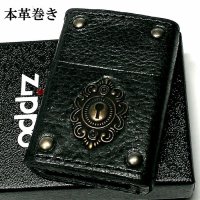 ZIPPO ライター 革巻き ジッポ キーホール ブラック レザー 黒 鍵穴 アンティーク メタル クラシック 本牛革 かっこいい 皮 おしゃれ メンズ ギフト