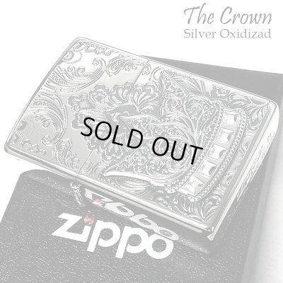 画像1: ZIPPO 限定 ジッポ ライター クラウン エッチング彫刻 シリアルナンバー入り アンティークシルバー 燻し加工 おしゃれ スワロフスキー 王冠 銀 ラインストーン かっこいい メンズ プレゼント ギフト
