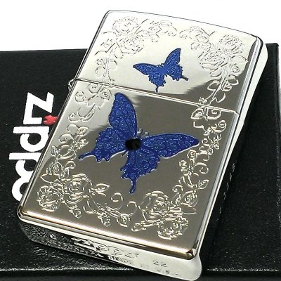 画像2: ZIPPO 限定 ブルーバタフライ ジッポ ライター ローズ シルバー シリアルNo入り 蝶 ホワイトニッケル かわいい スワロフスキー 蝶々 両面加工 美しい バラ ブルー おしゃれ 青 薔薇 メンズ レディース ギフト プレゼント