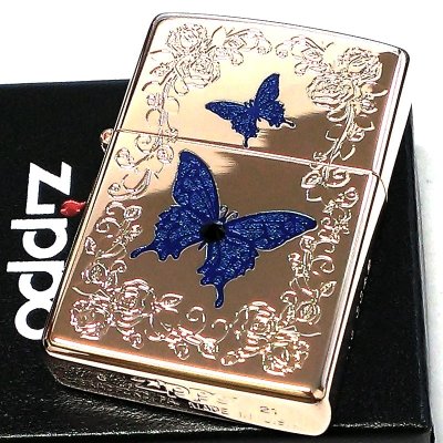 画像2: ZIPPO 限定 ブルーバタフライ ローズ ピンク ジッポ ライター シリアルNo入り 蝶 かわいい スワロフスキー 蝶々 両面加工 美しい バラ おしゃれ 青 薔薇 メンズ レディース ギフト プレゼント