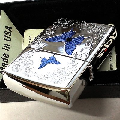 画像6: ZIPPO 限定 ブルーバタフライ ジッポ ライター ローズ シルバー シリアルNo入り 蝶 ホワイトニッケル かわいい スワロフスキー 蝶々 両面加工 美しい バラ ブルー おしゃれ 青 薔薇 メンズ レディース ギフト プレゼント
