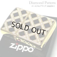 ZIPPO ライター ダイアモンドパターン ゴールド＆ブラック ジッポ 金タンク 両面加工 黒 エッチング彫刻 かっこいい おしゃれ メンズ ギフト プレゼント