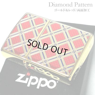 画像1: ZIPPO ダイアモンドパターン ジッポ ライター ゴールド＆レッド 金タンク 赤 両面加工 彫刻 かっこいい おしゃれ メンズ ギフト プレゼント