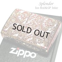 ZIPPO ライター スプレンダー イオンレッド ジッポ アラベスク模様 5面加工 金タンク 彫刻 ゴールド鍍金差し 赤 かっこいい おしゃれ レディース メンズ ギフト プレゼント