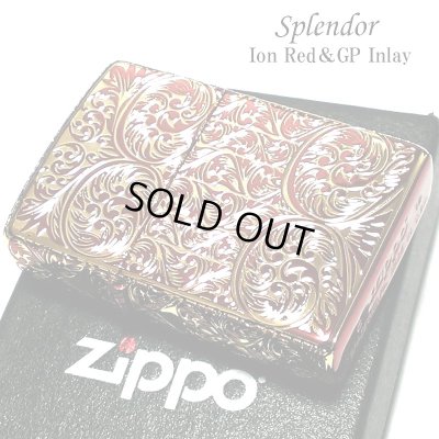 画像1: ZIPPO ライター スプレンダー イオンレッド ジッポ アラベスク模様 5面加工 金タンク 彫刻 ゴールド鍍金差し 赤 かっこいい おしゃれ レディース メンズ ギフト プレゼント