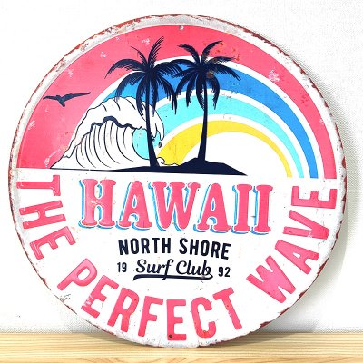 画像1: ブリキ看板 かわいい ハワイ ビンテージ THE PARFECT WAVE ヤシの木 ビーチ 海 アンティーク ガレージ プレート 壁飾り 可愛い アメリカン 雑貨 インテリア おしゃれ サーファー カフェ 店舗
