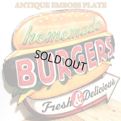 画像1: ブリキ看板 ハンバーガー アンティーク かわいい BURGERS アメリカン ビンテージ 壁掛け プレート 壁飾り 雑貨 大きい インテリア 可愛い サーファー カフェ 店舗