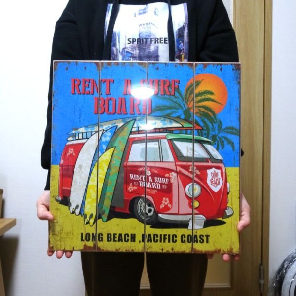 画像3: 木製看板 ワーゲンバス ビーチ Pacific Coast 海 ウッドボード サーフィン ガレージ リビング 壁掛け かわいい おしゃれ サーファー 可愛い カフェ 店舗 飾り レトロ看板 (3)