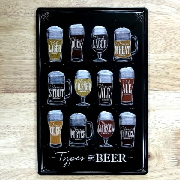 画像1: ブリキ看板 ビンテージTYPE OF BEER ビール ドリンク プレート 壁飾り アメリカン 雑貨 インテリア 可愛い かわいい サーファー カフェ 店舗 (1)