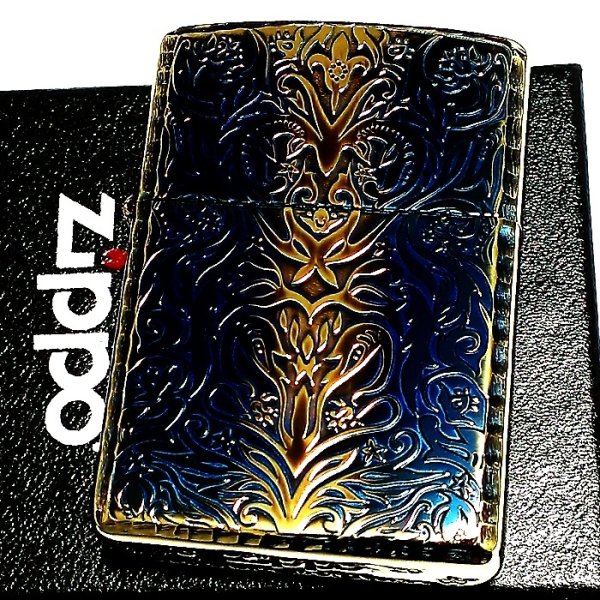 画像2: ZIPPO アーマー ジッポ アンティークフローラル 両面彫刻加工 ゴールド 古美仕上げ 重厚モデル 花 銀 ライター かっこいい メンズ レディース プレゼント ギフト (2)