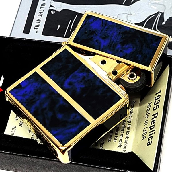 画像9: ZIPPO ライター 限定 1935 復刻レプリカ ジッポー ゴールド＆ブルー かっこいい 4面加工 シリアルナンバー入り 角型 動画有り ギフト プレゼント 3バレル おしゃれ メンズ (9)