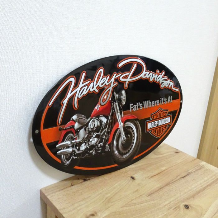ブリキ看板 バイク H D Fat Boy Oval ハーレーダビッドソン アンティーク ガレージ 壁飾り ロゴ 正規ライセンス品 アメリカン かっこいい 雑貨 インテリア おしゃれ カフェ 店舗