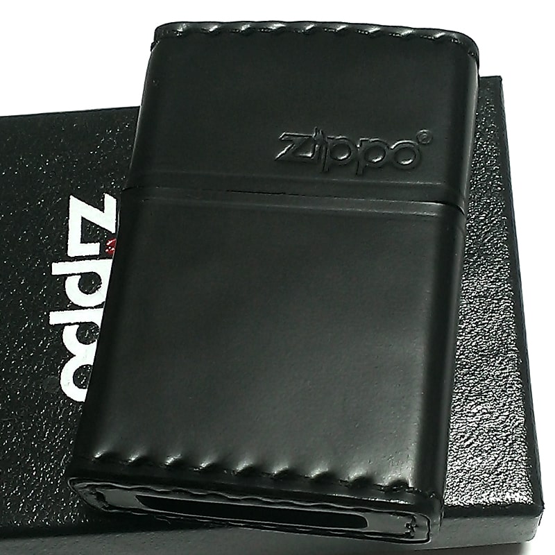 Zippo 革巻き ジッポ ライター おしゃれ コードバン ロゴデザイン レザー ブラック シンプル 本馬革 黒 かっこいい 皮 メンズ 渋い ギフト プレゼン